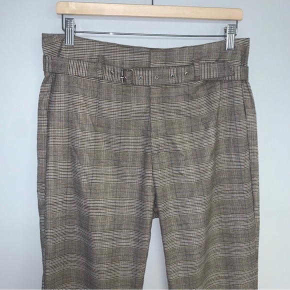 Kendall & Kylie Trousers‎ Size Large Tan Brown Plaid High Waisted  Belted Pants - Picture 4 of 13